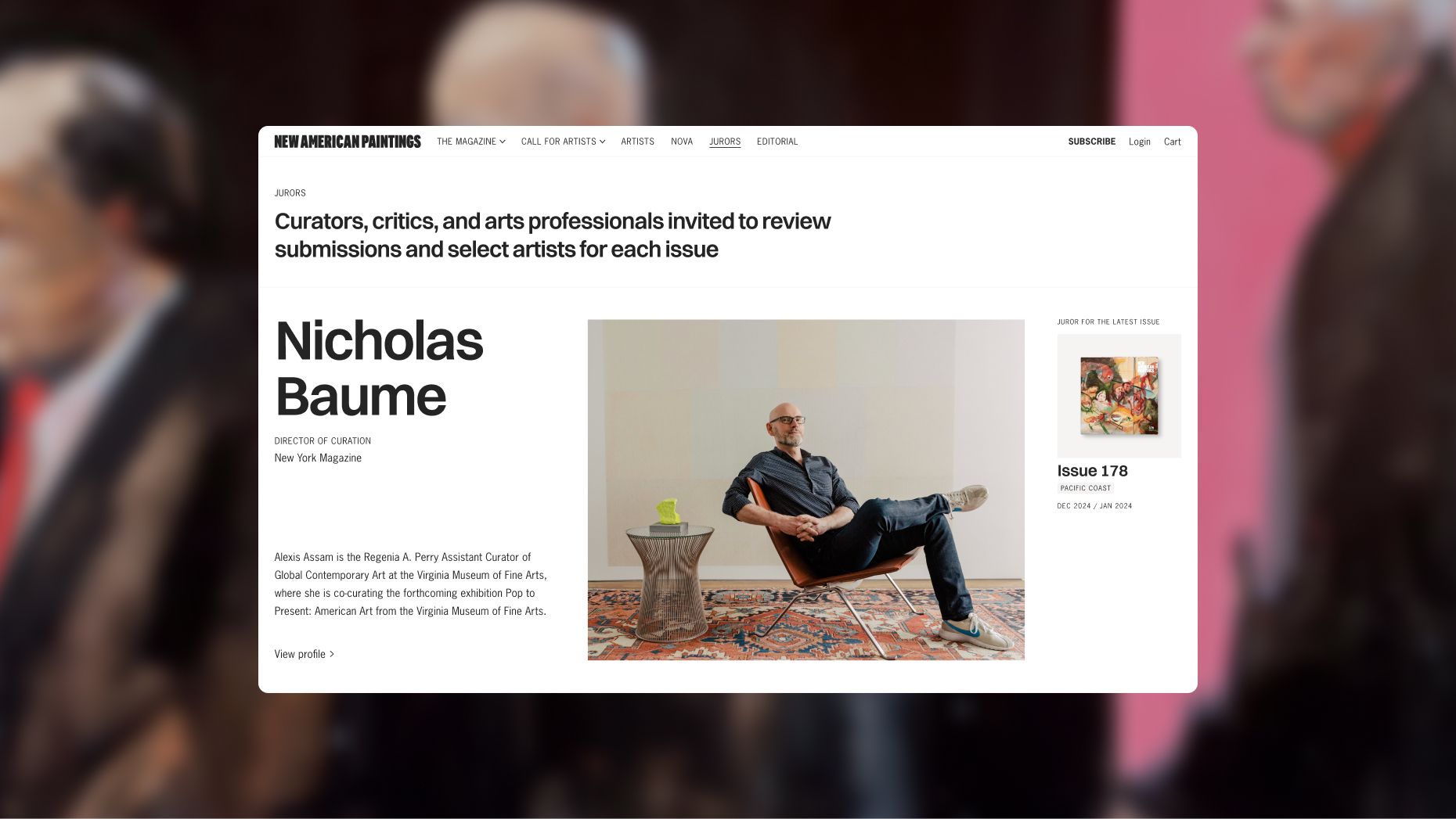 Website page for New American Paintings featuring Nicholas Baume, Director of Curatorial for New York Magazine, seated in a chair.