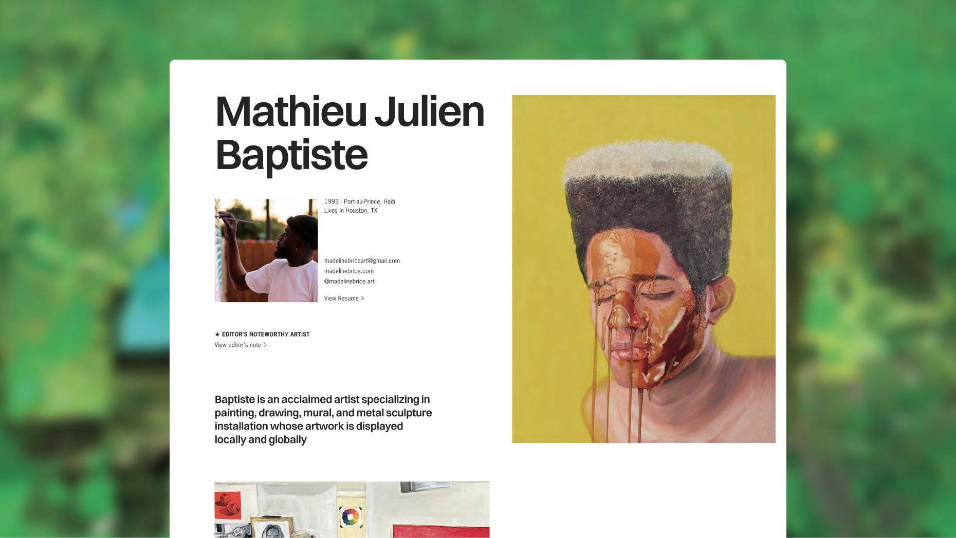 A webpage for artist Mathieu Julien Baptiste, featuring a photo of him painting and a large portrait painting with brown liquid dripping down a person's face.
