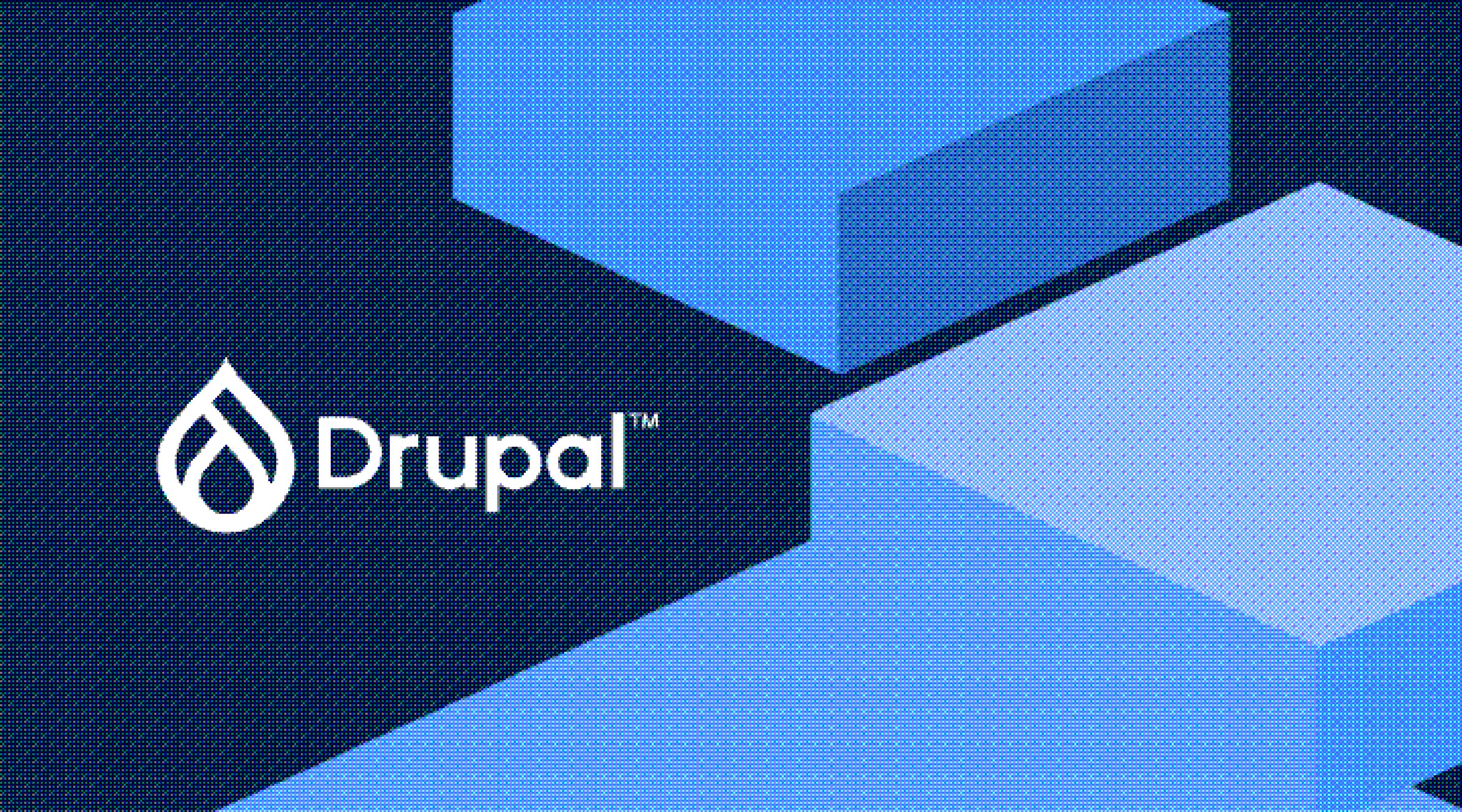 Drupal logo and text on a dark blue background with light blue geometric shapes.