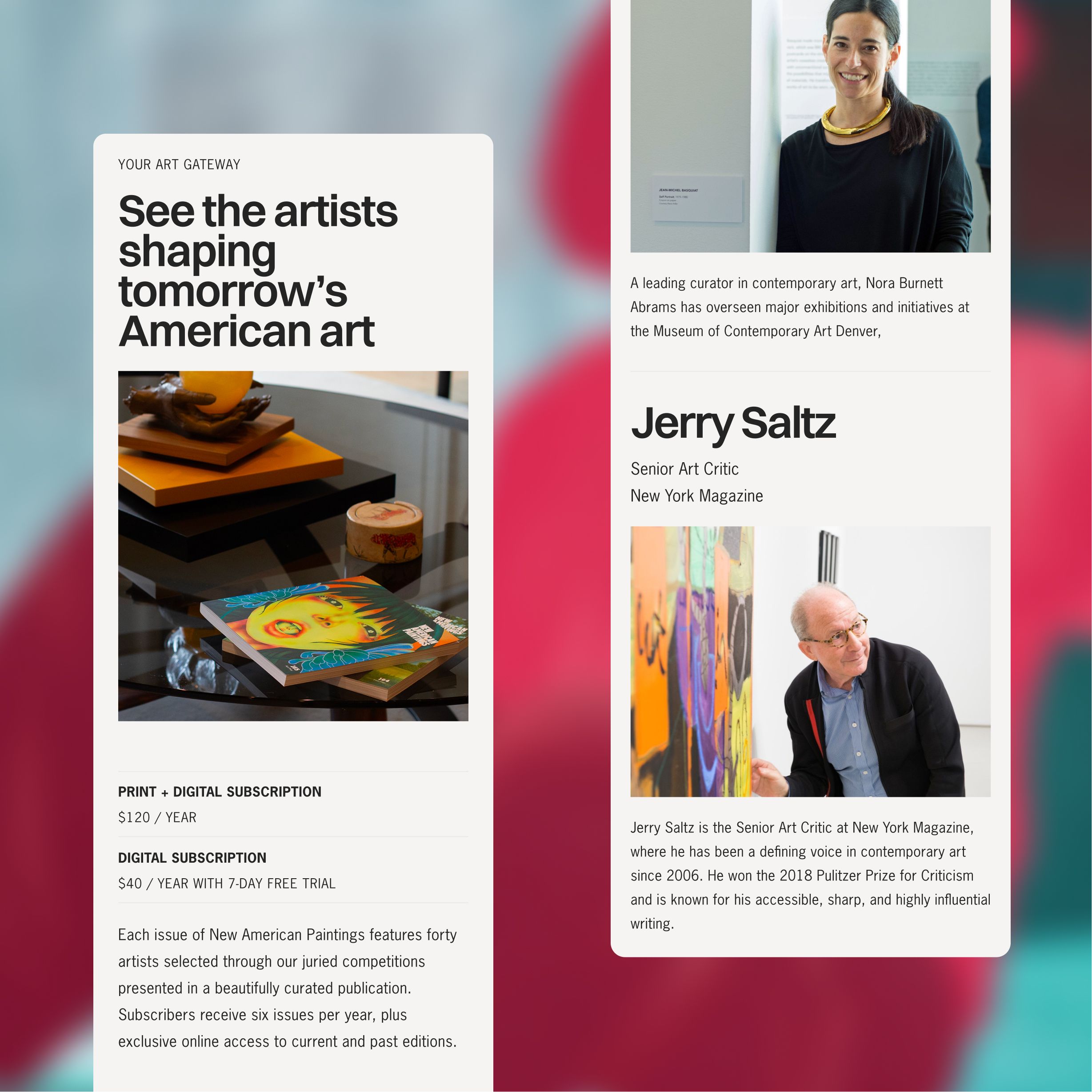Two digital panels. The left advertises "New American Paintings" subscriptions with art books on a table. The right features profiles and photos of art curator Nora Burnett Abrams and art critic Jerry Saltz.