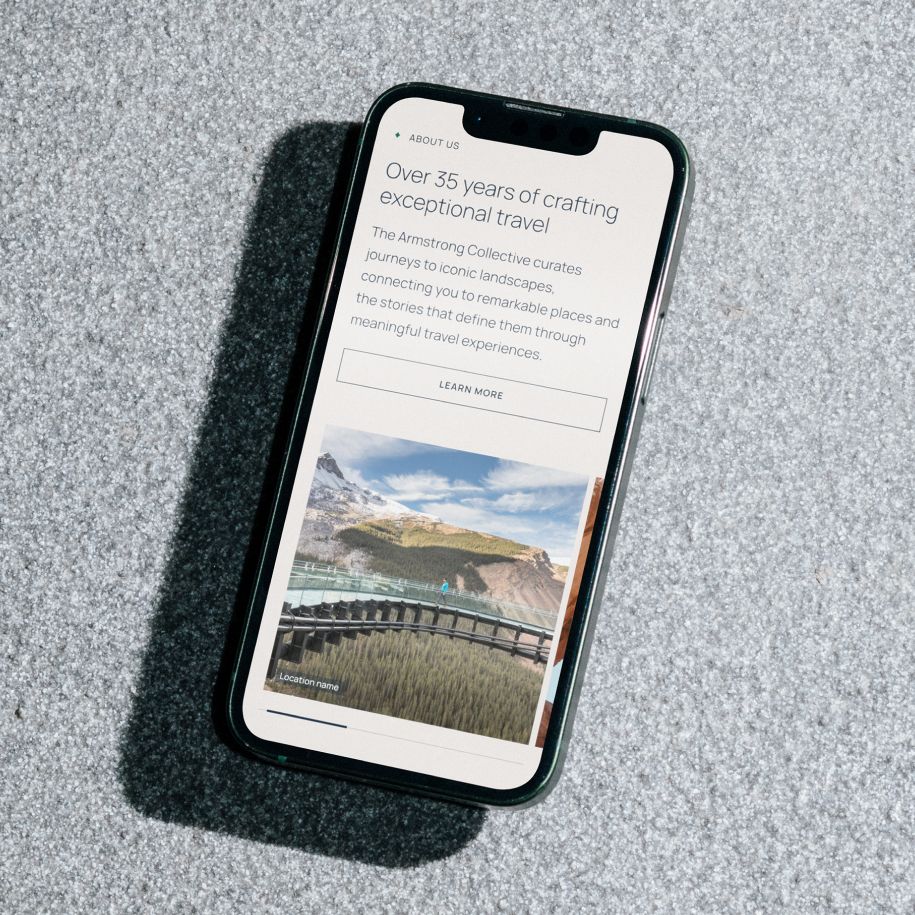 Mobile device showing Armstrong Collective "about us" content
