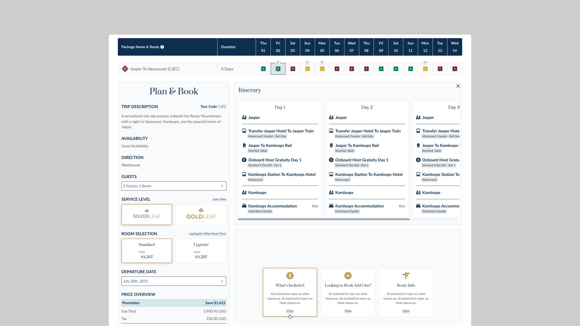 Rocky Mountaineer Agent Portal expanded package detail