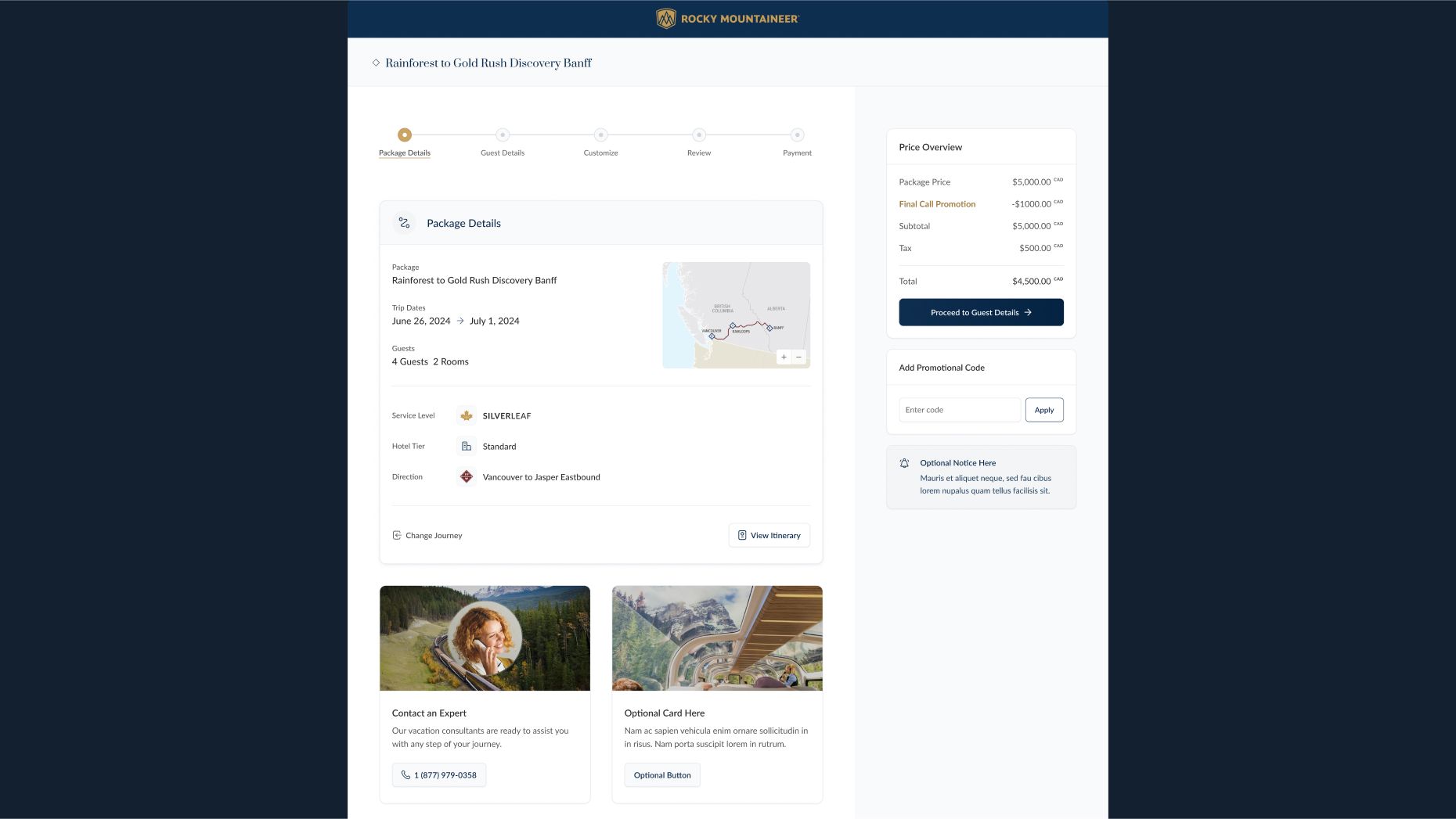 Rocky Mountaineer checkout on a desktop screen