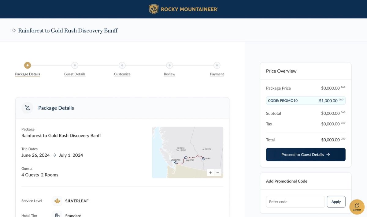 Rocky Mountaineer website showing booking details for the "Rainforest to Gold Rush Discovery Banff" package, including trip dates, guest information, a route map, and a price overview with a $1,000 discount applied.