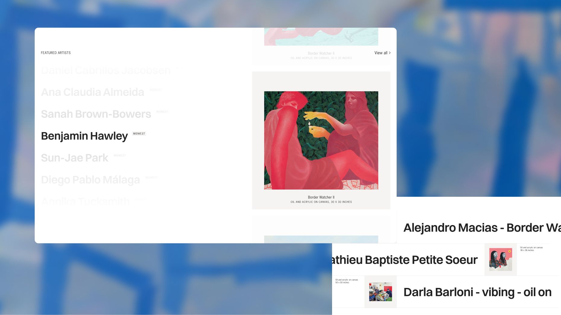 A website interface displaying "Benjamin Hawley" highlighted in an artist list, next to an artwork titled "Border Watcher V" depicting two figures in red against a green background.