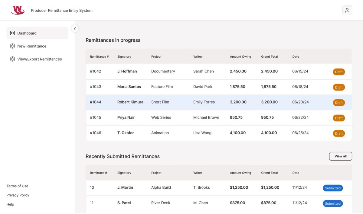A dashboard for a producer remittance entry system, displaying tables for remittances in progress and recently submitted ones, with a short film remittance for Robert Kimura highlighted.