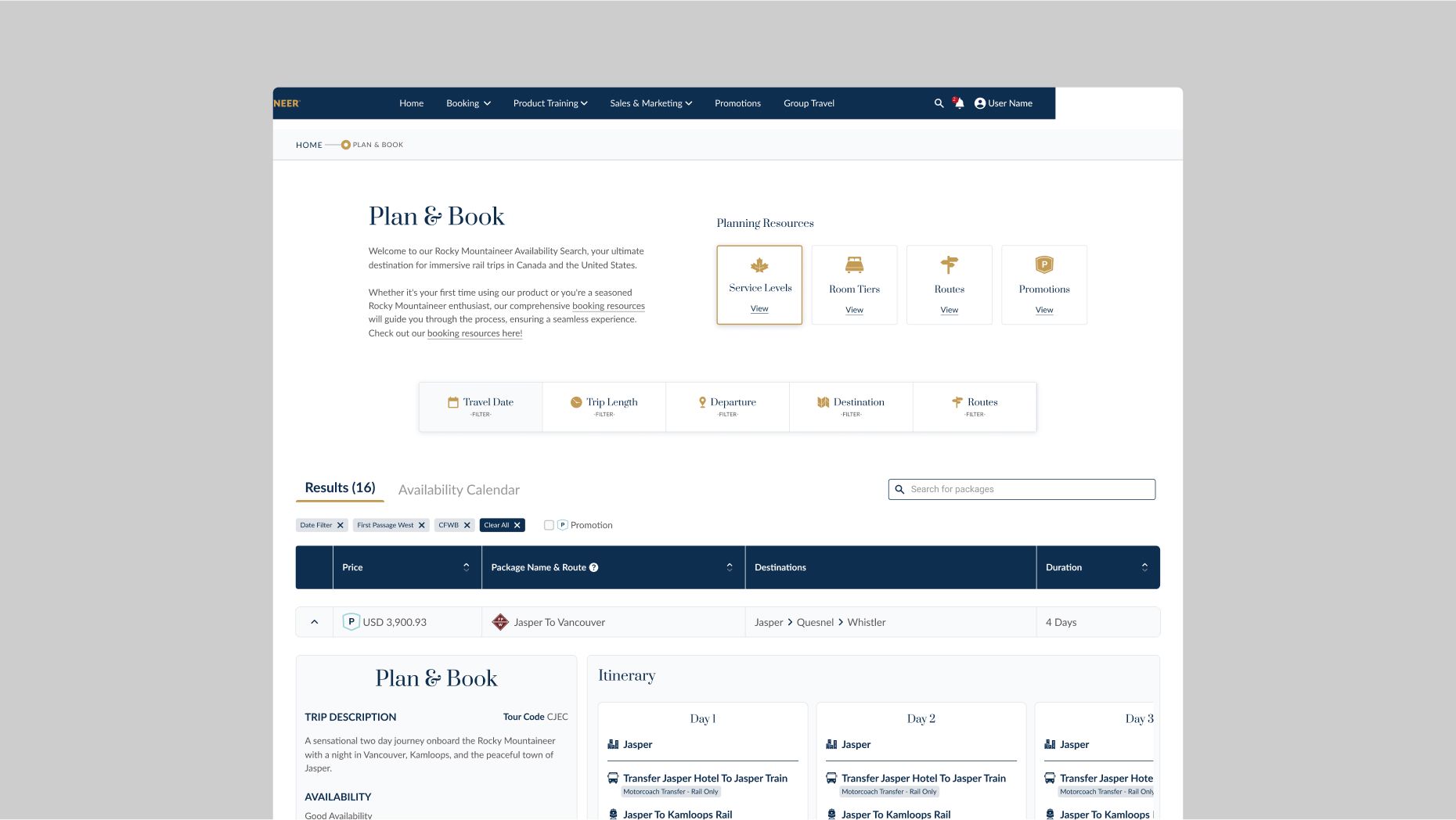 Rocky Mountaineer Agent Portal plan and book screen