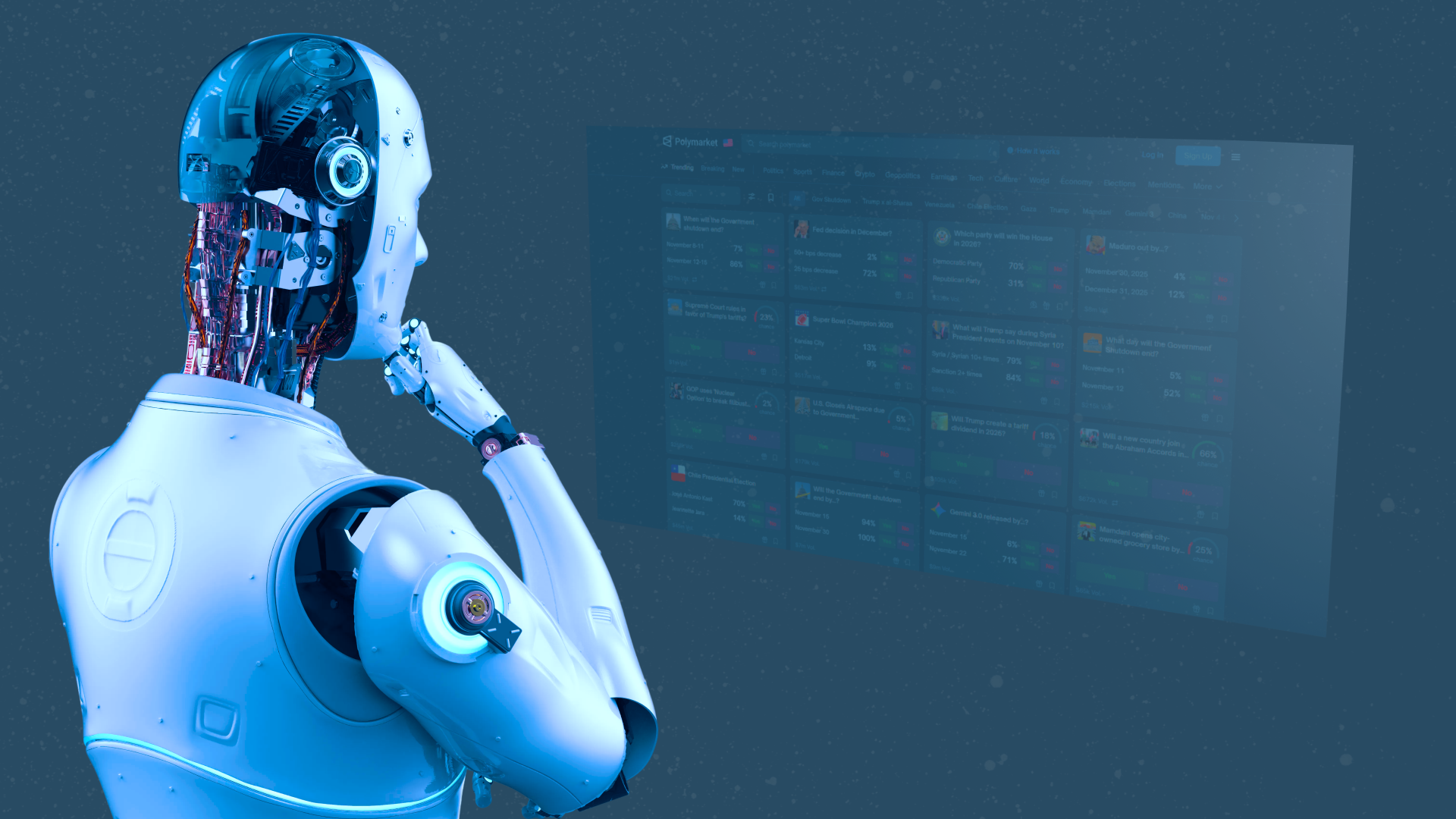 A robot looking at a Polymarket interface