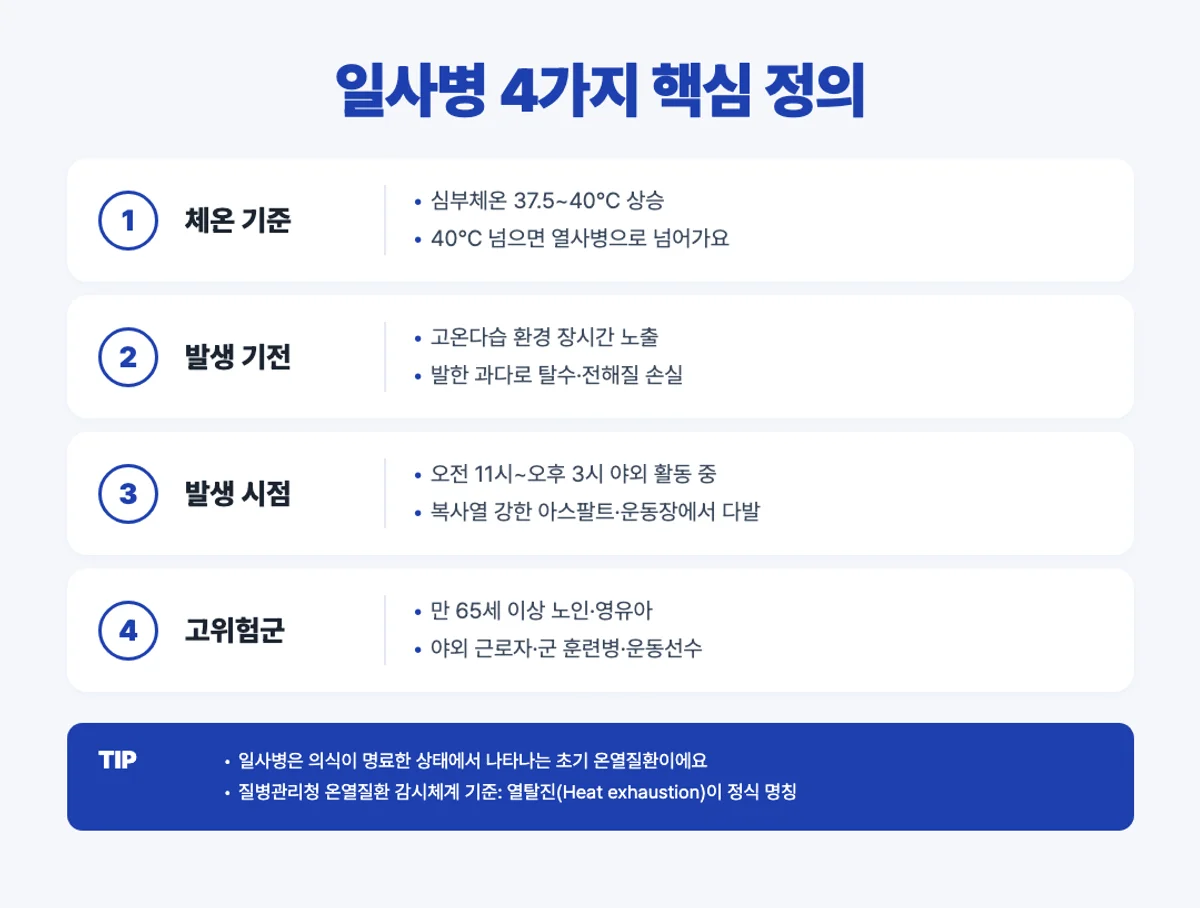 일사병 정의 4가지 인포그래픽 - 체온·발생 기전·시점·고위험군