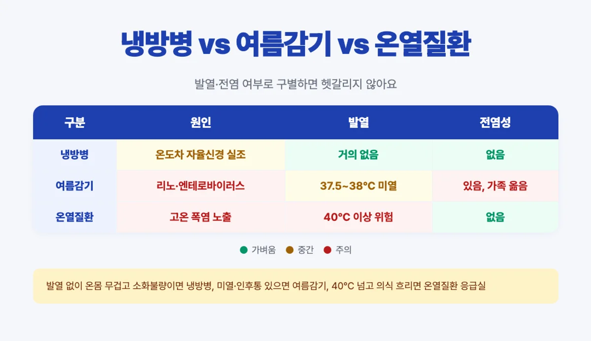 냉방병 여름감기 온열질환 비교 매트릭스 - 원인 발열 전염성