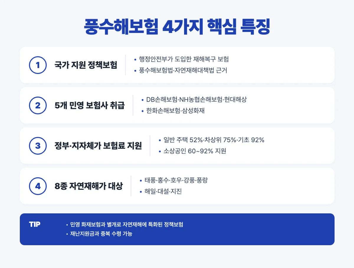 풍수해보험 4가지 핵심 특징 인포그래픽 - 국가 정책·5개 보험사·정부 지원·8종 재난