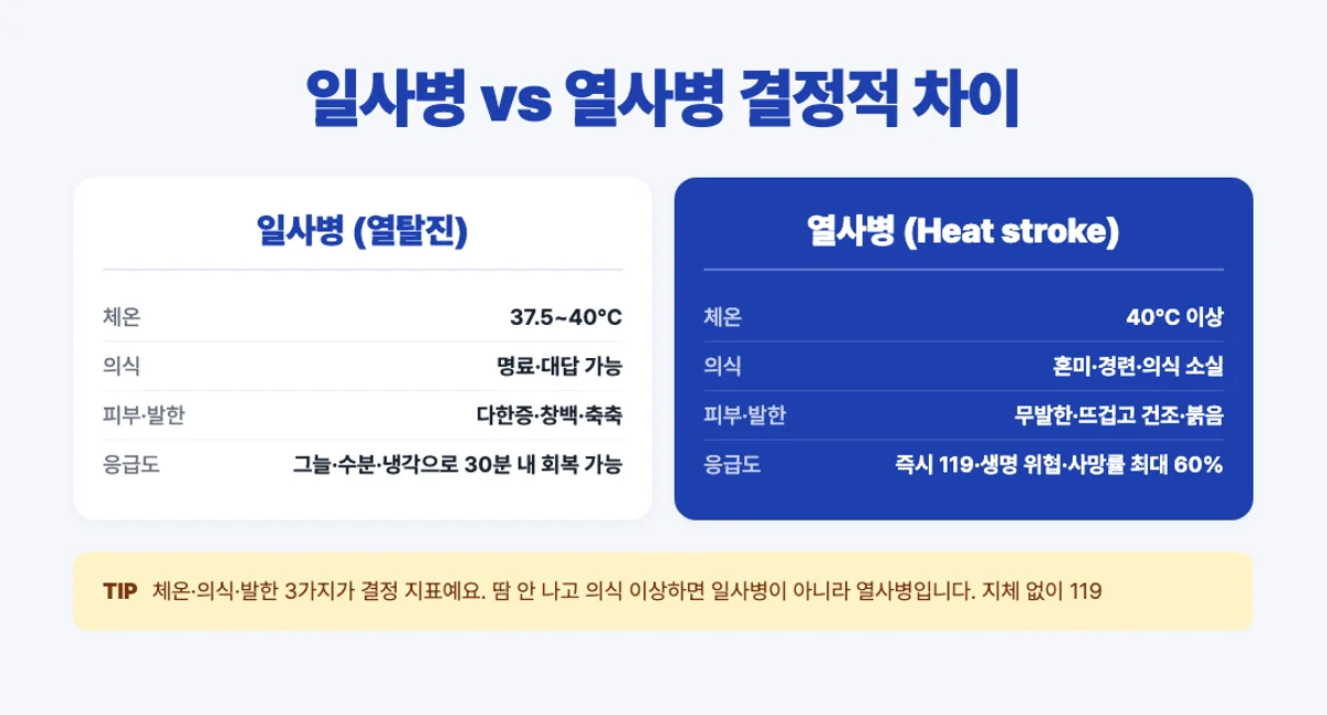 일사병 vs 열사병 비교 인포그래픽 - 체온·의식·발한·응급도