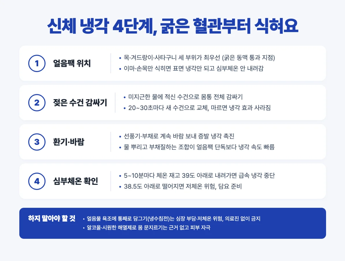 열사병 신체 냉각 4단계 인포그래픽 - 목 겨드랑이 사타구니 얼음팩