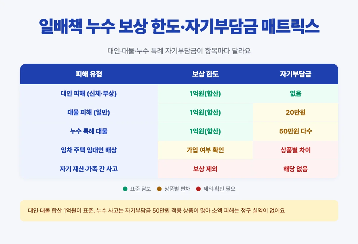 일배책 누수 보상 한도 자기부담금 매트릭스 인포그래픽