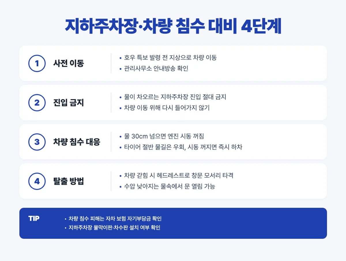 지하주차장 차량 침수 대비 4단계 인포그래픽