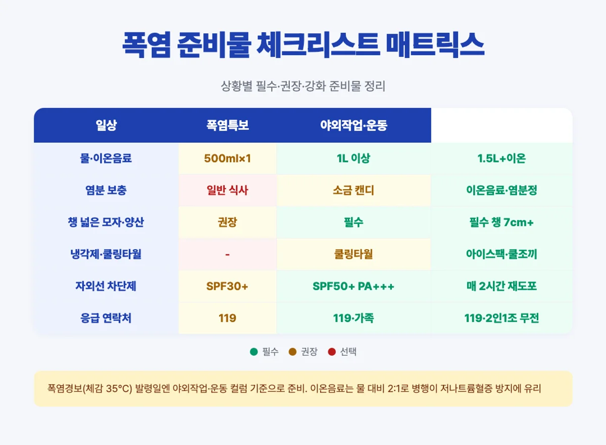 폭염 준비물 체크리스트 매트릭스 - 일상·폭염특보·야외작업 3단계