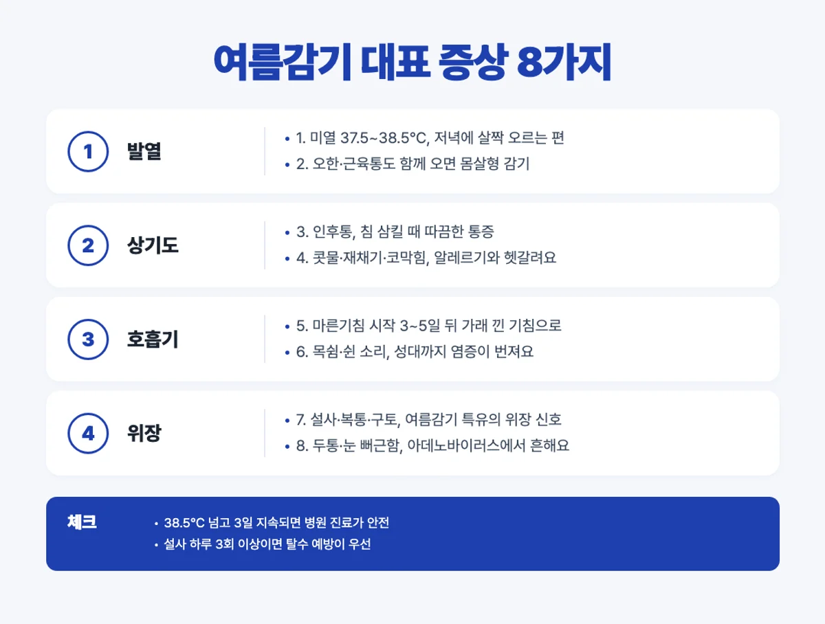 여름감기 증상 8가지 인포그래픽 - 미열 인후통 기침 설사 두통