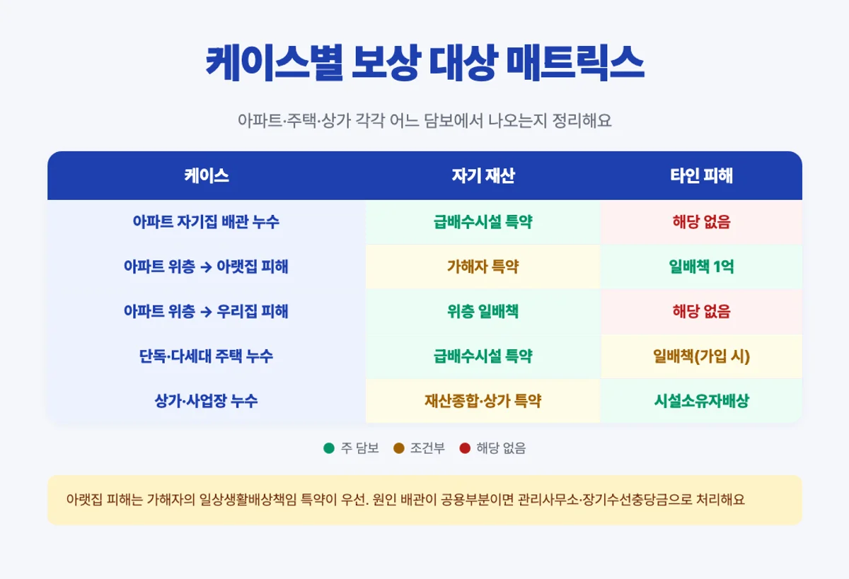 케이스별 화재보험 누수 보상 매트릭스 - 아파트 주택 상가 자기 재산 타인 피해