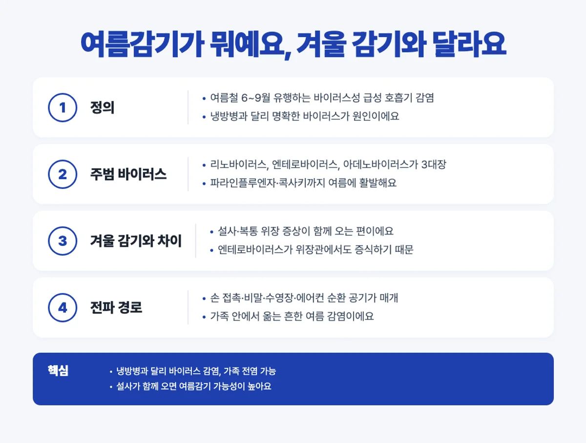 여름감기 정의와 원인 바이러스 인포그래픽 - 리노 엔테로 아데노바이러스 전파 경로