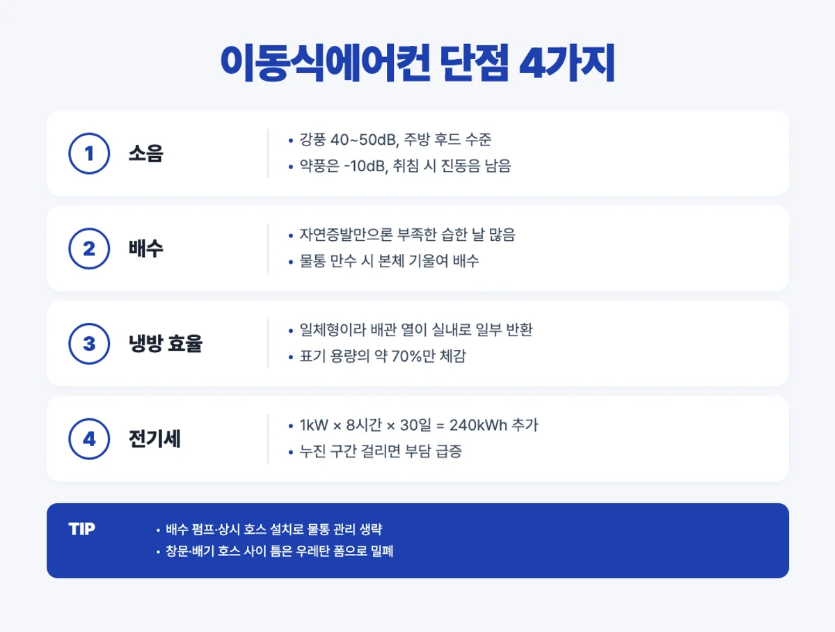 이동식에어컨 단점 4가지 소음 배수 냉방효율 전기세 인포그래픽