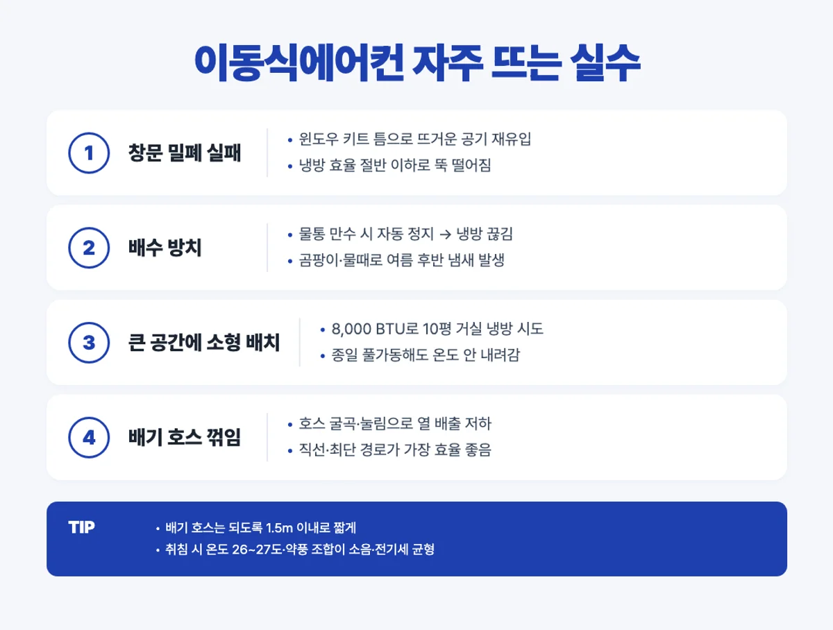 이동식에어컨 자주 뜨는 실수 4가지 창문밀폐 배수 큰공간 호스꺾임 인포그래픽