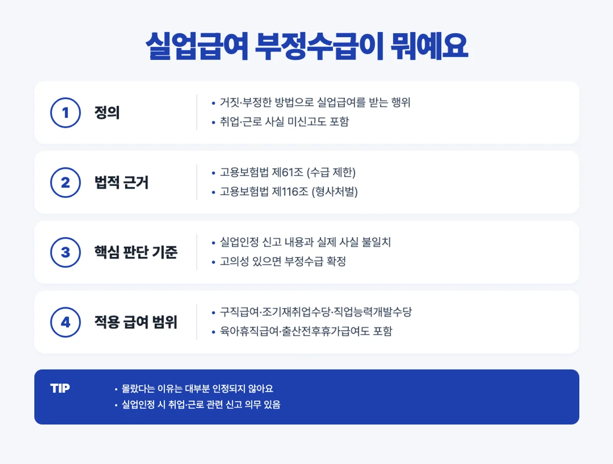 실업급여 부정수급 정의와 법적 근거 인포그래픽