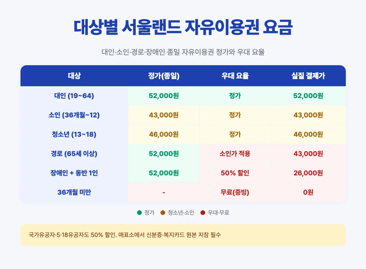 서울랜드 대상별 자유이용권 매트릭스 인포그래픽 - 대인 52k 소인 43k 경로 43k 장애인 26k