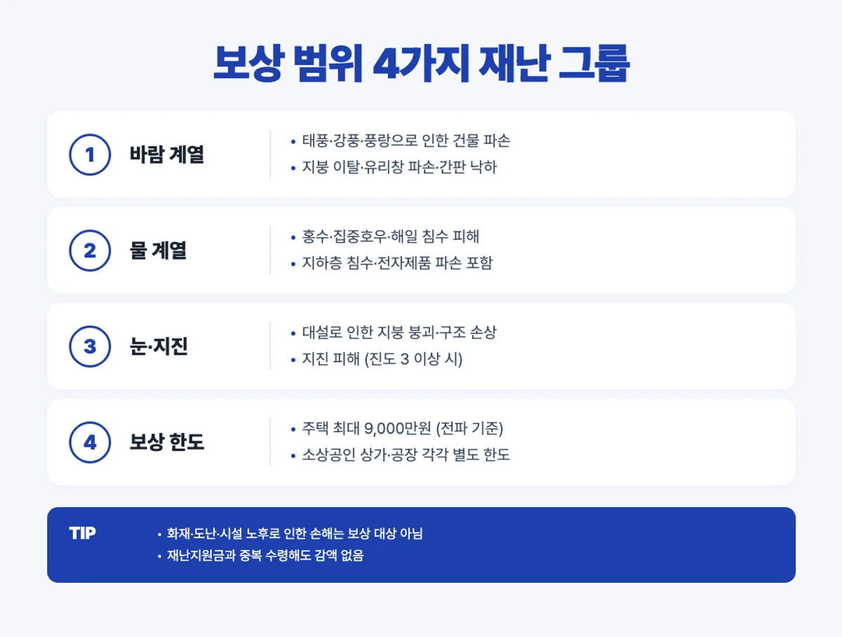 풍수해보험 보상 범위 4가지 그룹 인포그래픽 - 바람·물·눈지진·보상 한도
