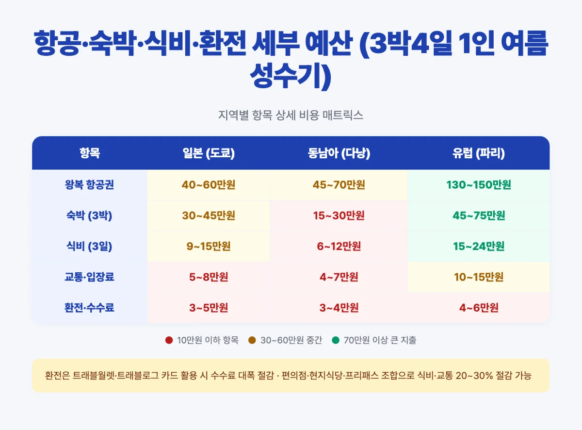 해외여행 3박4일 세부 예산 매트릭스 인포그래픽 - 도쿄 다낭 파리 항공 숙박 식비 교통 환전