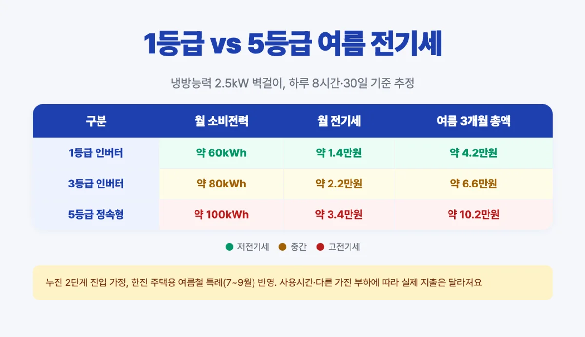 1등급 vs 3등급 vs 5등급 여름 전기세 비교 매트릭스
