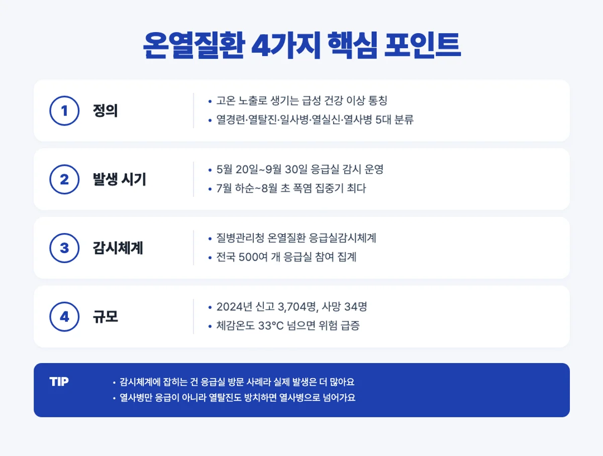 온열질환 정의와 통계 인포그래픽 - 정의·발생 시기·감시체계·규모