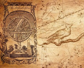 An ancient astrology map with an astrolabe and owl 