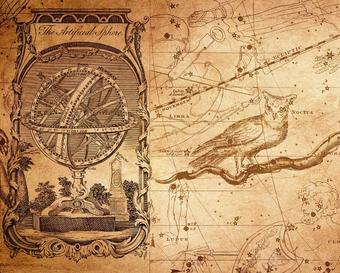 An ancient astrology map with an astrolabe and owl