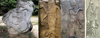 ancient men in stone carvings holding bags