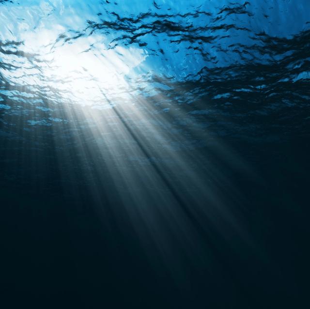 looking up at rays of light coming from sky through water