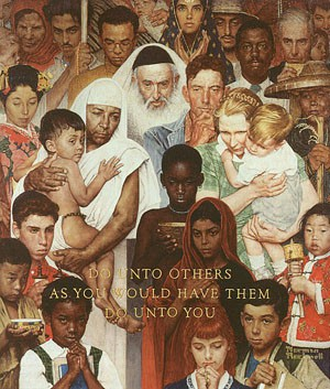Gathering of multicultural people and kids with words do onto others as you would have them do unto you