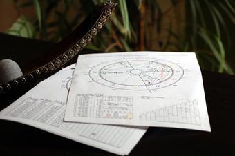 Astrological charts on table next to lamp