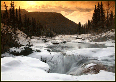 snowy river flowing water in moutains and sunset