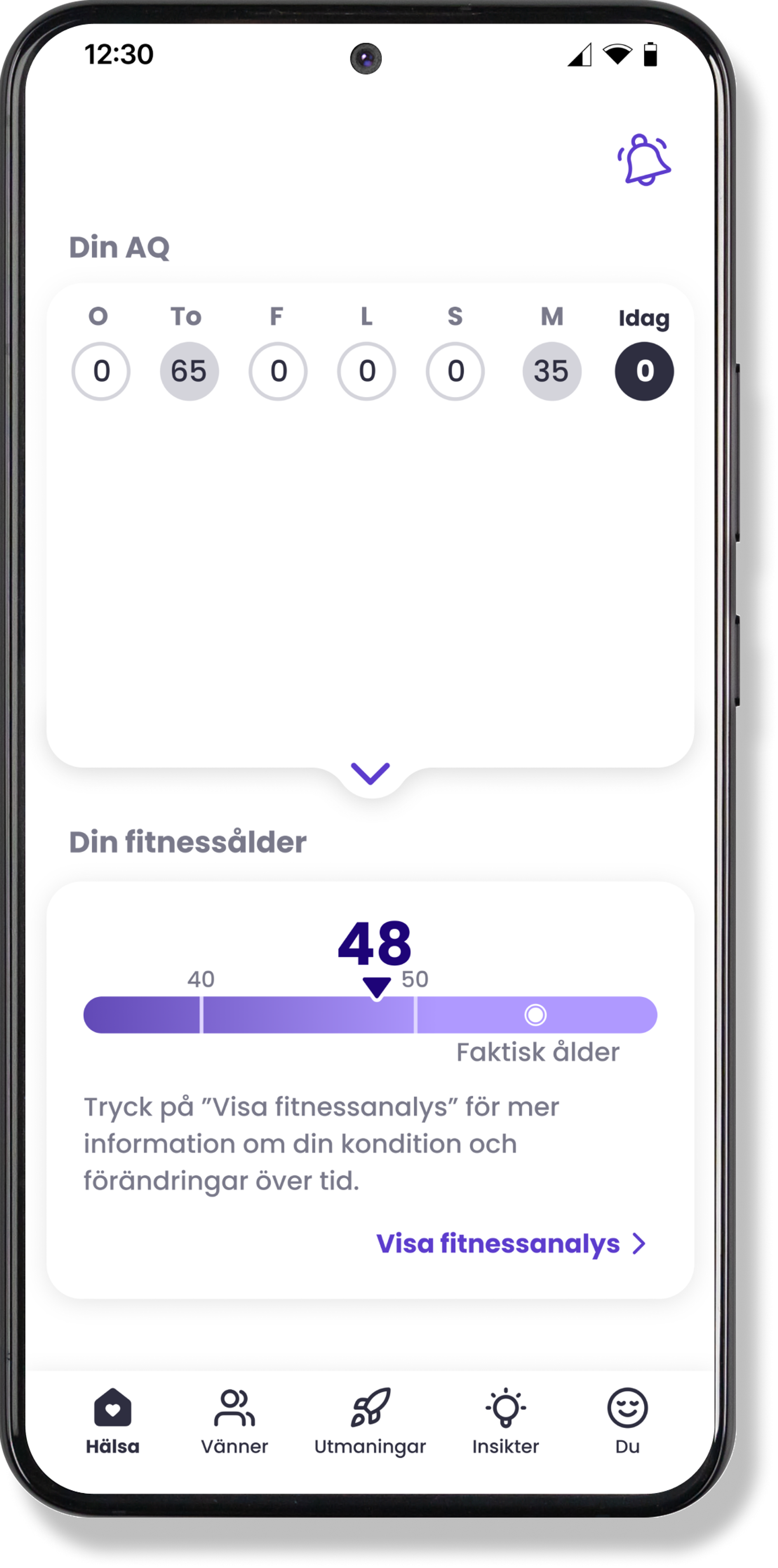 Mia Health app on Samsung watch showing AQ score and fitness age