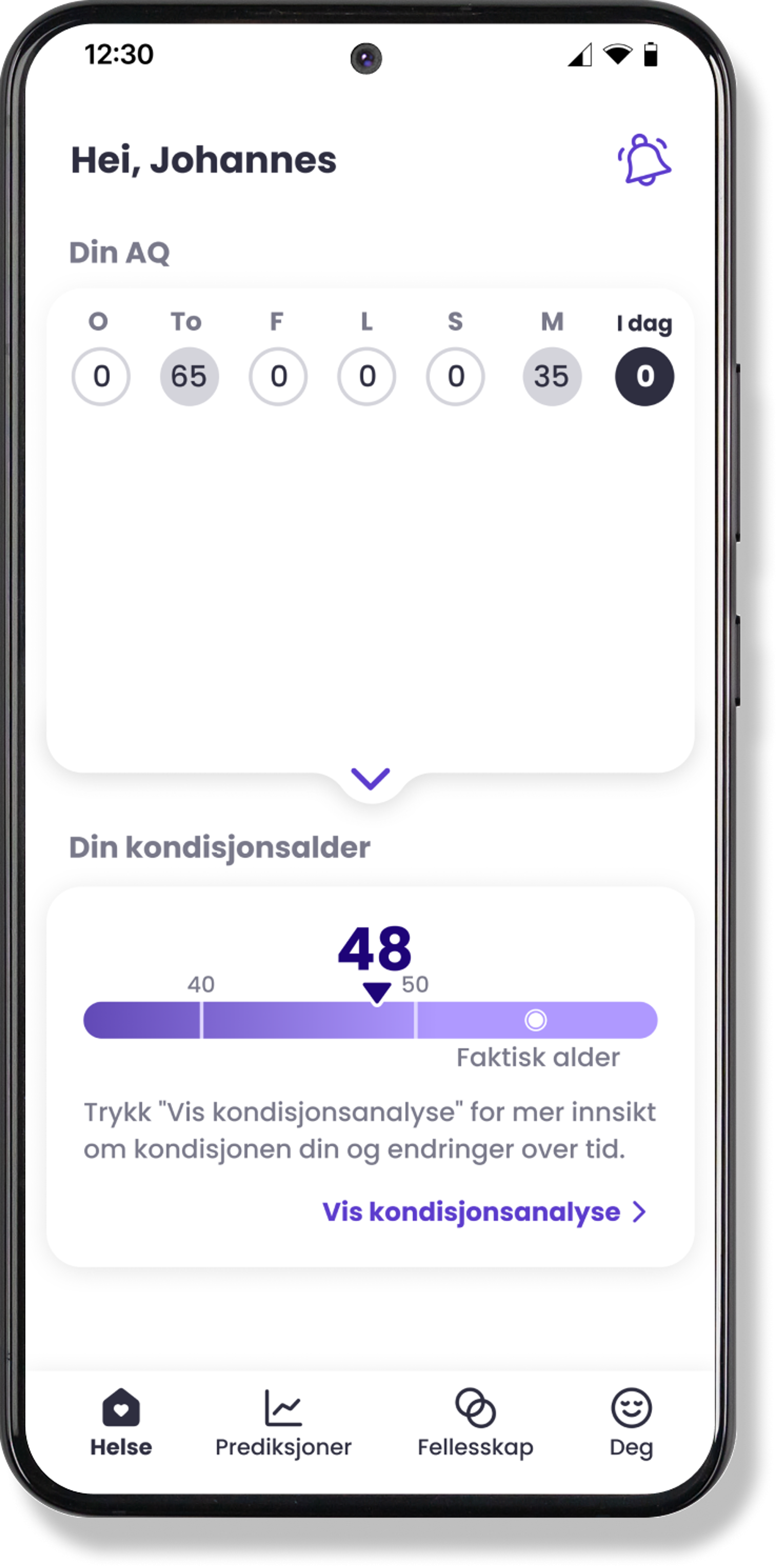 Mia Health app on Samsung watch showing AQ score and fitness age