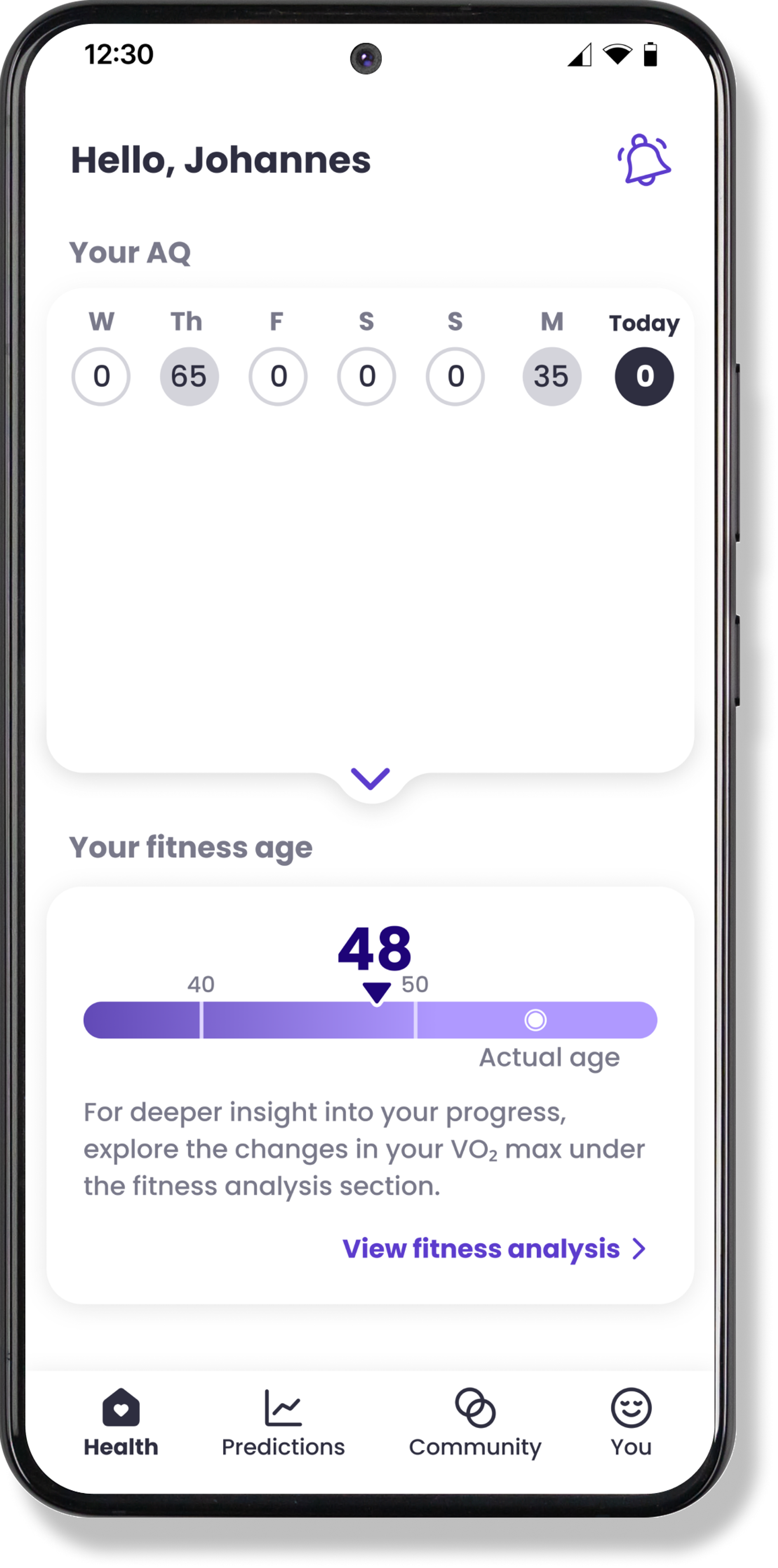 Mia Health app on Samsung watch showing AQ score and fitness age