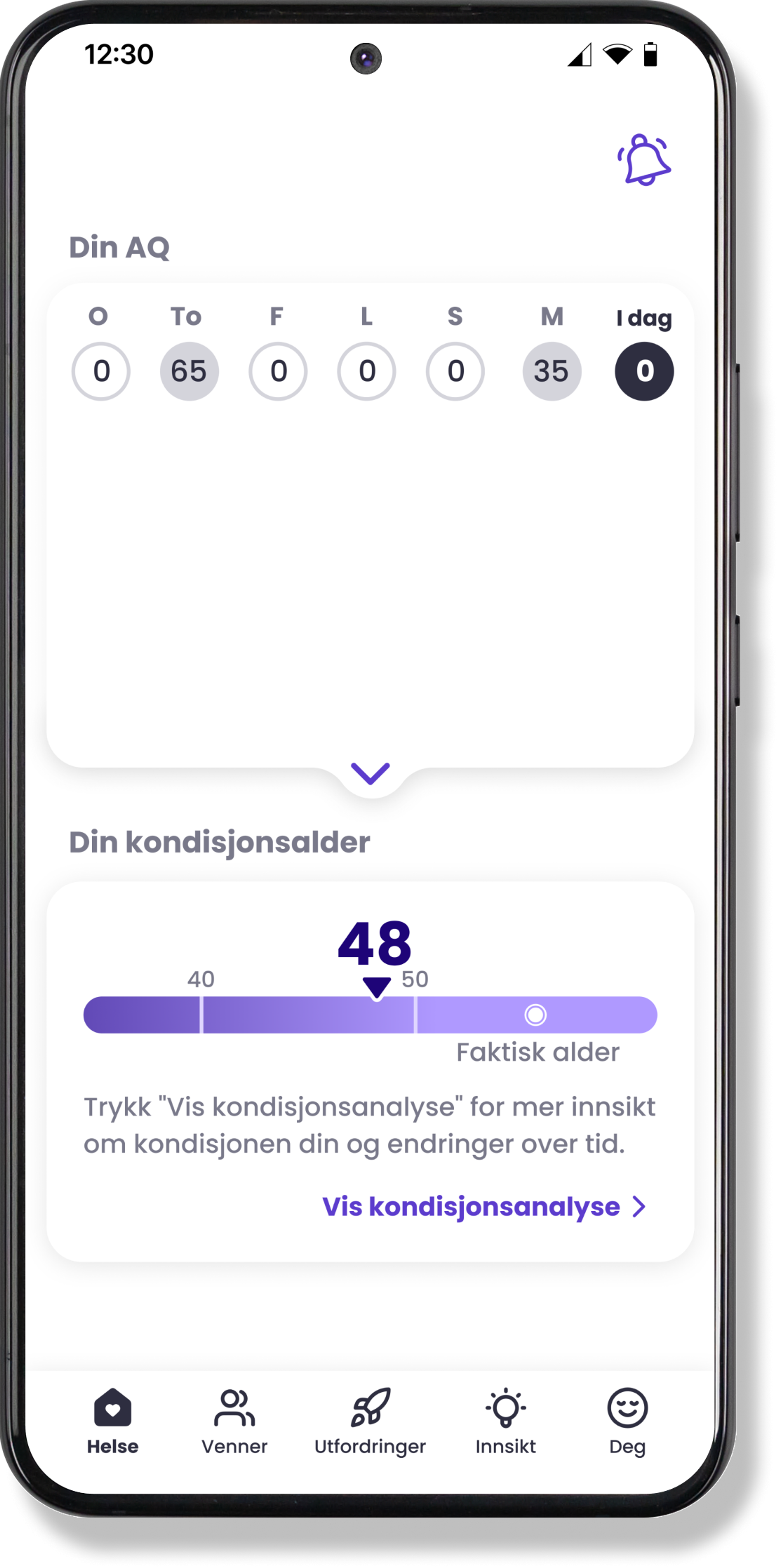 Mia Health app on Samsung watch showing AQ score and fitness age