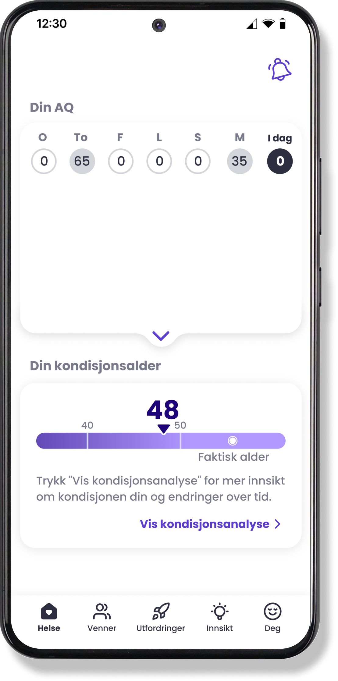 Mia Health app on Samsung watch showing AQ score and fitness age