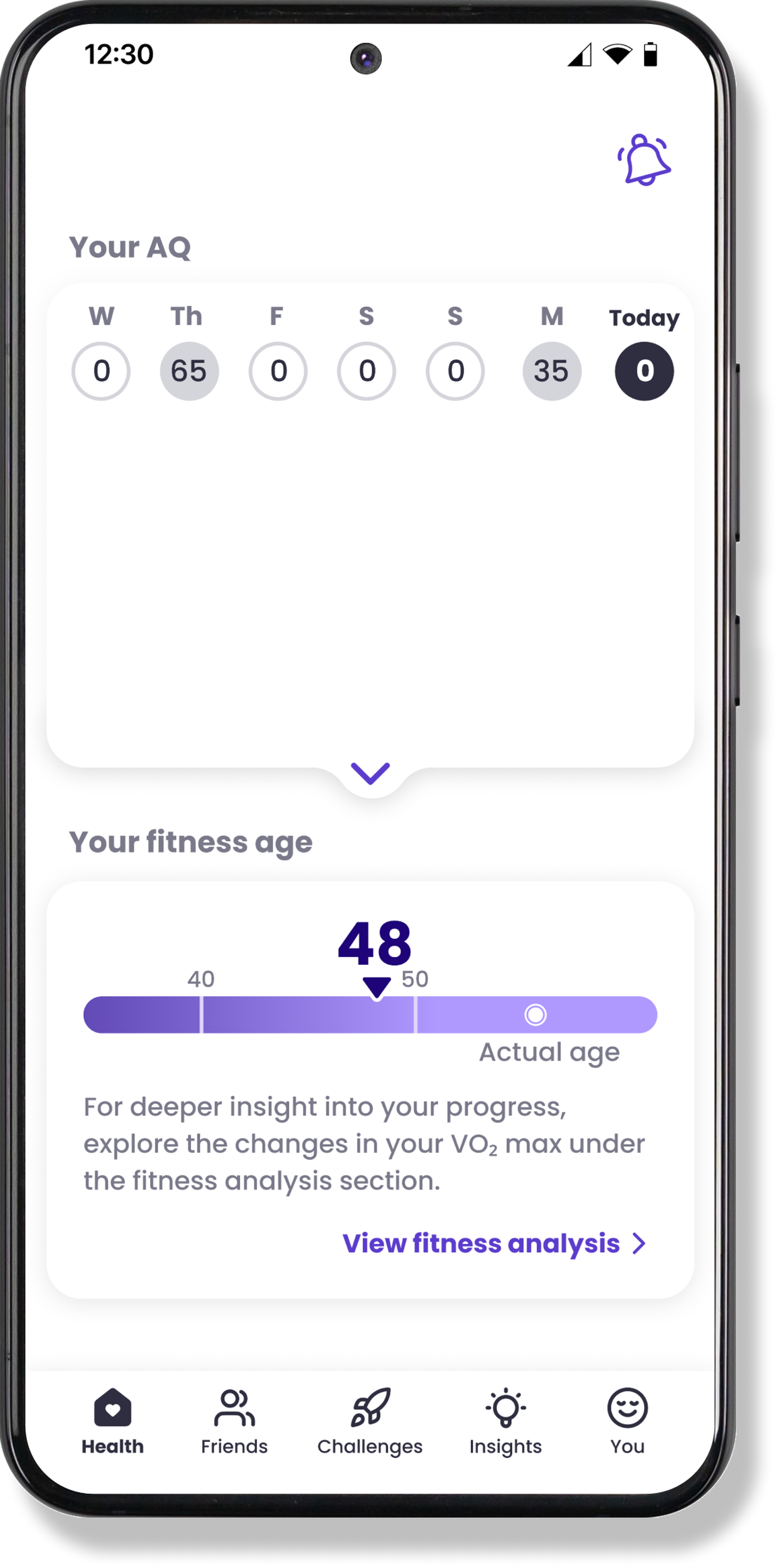 Mia Health app on Samsung watch showing AQ score and fitness age