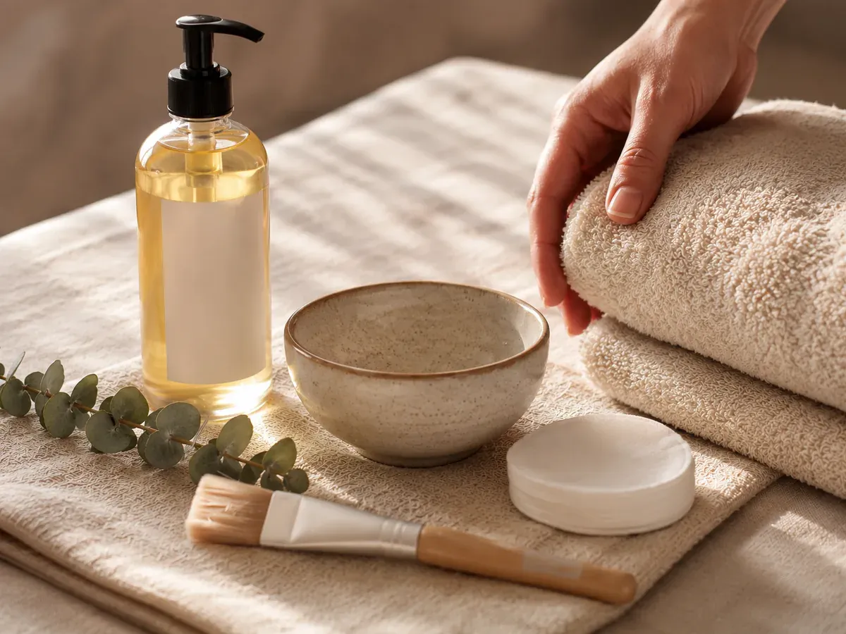 Pamper package details arranged on cream linen with a facial brush and warm towel