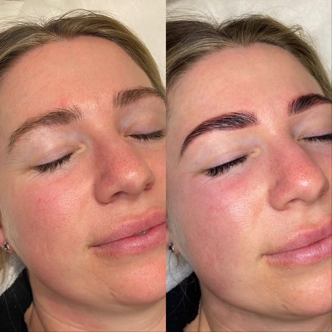 Before and after brow lamination with brow wax and tint