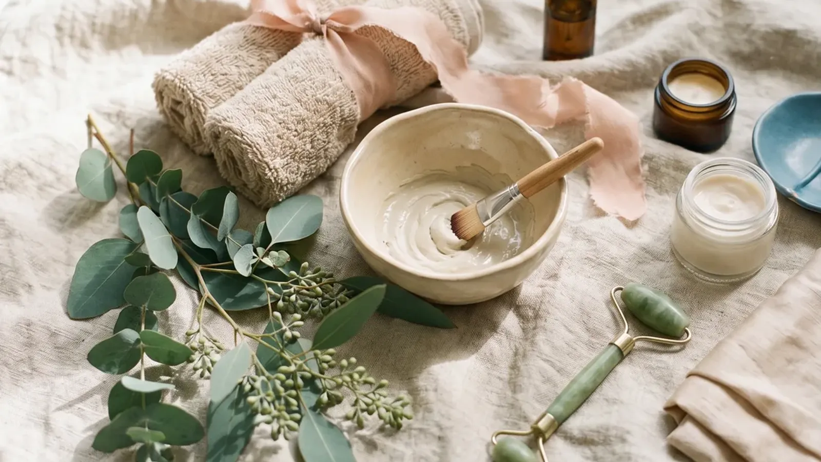 Folded linen, facial tools and native foliage in soft natural light