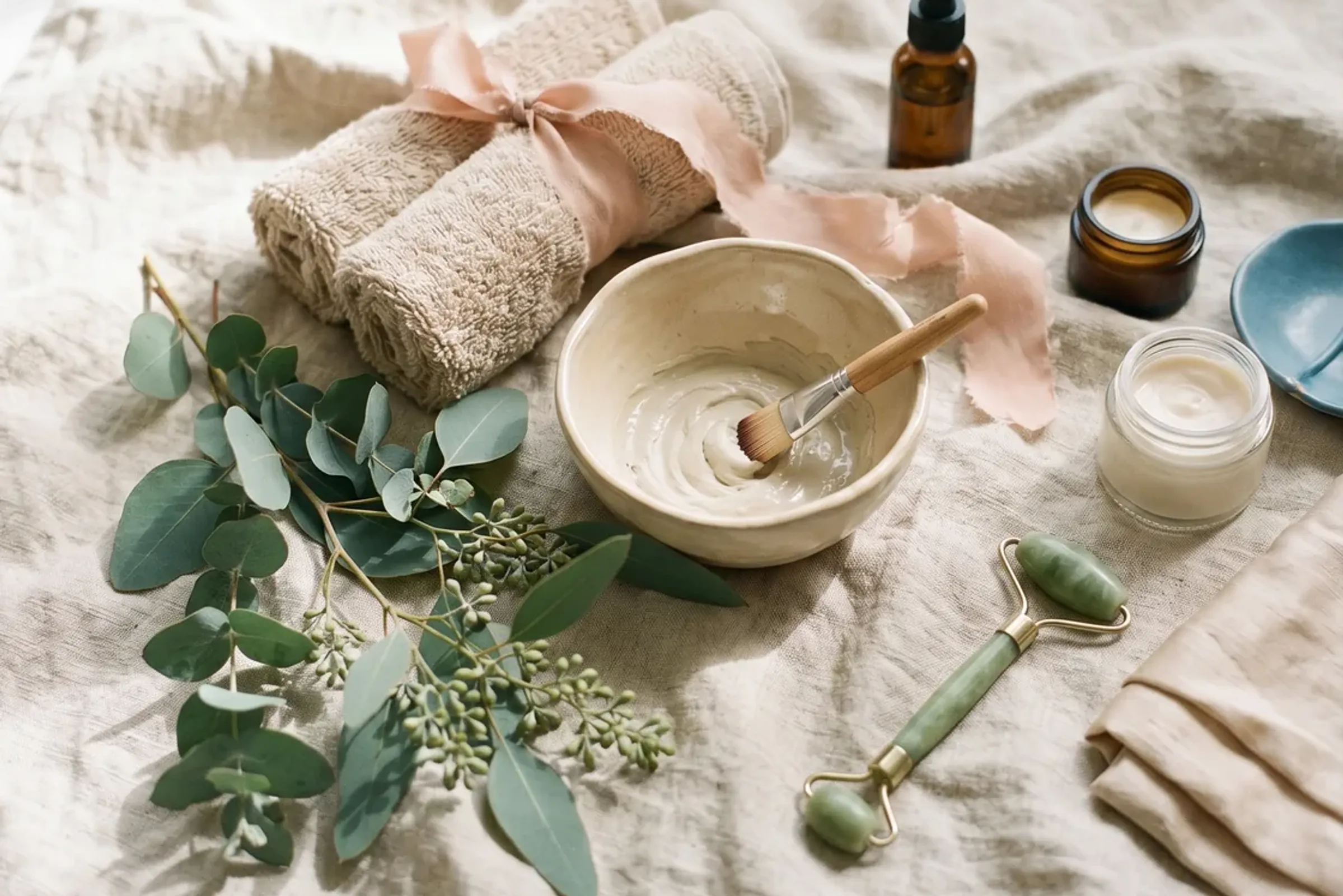 Folded linen, facial tools and native foliage in soft natural light