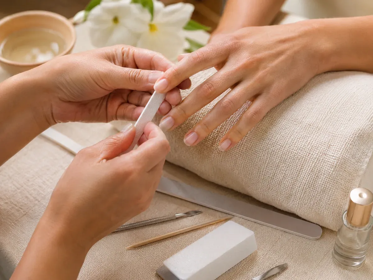 Manicure treatment with natural nails being shaped on a linen towel