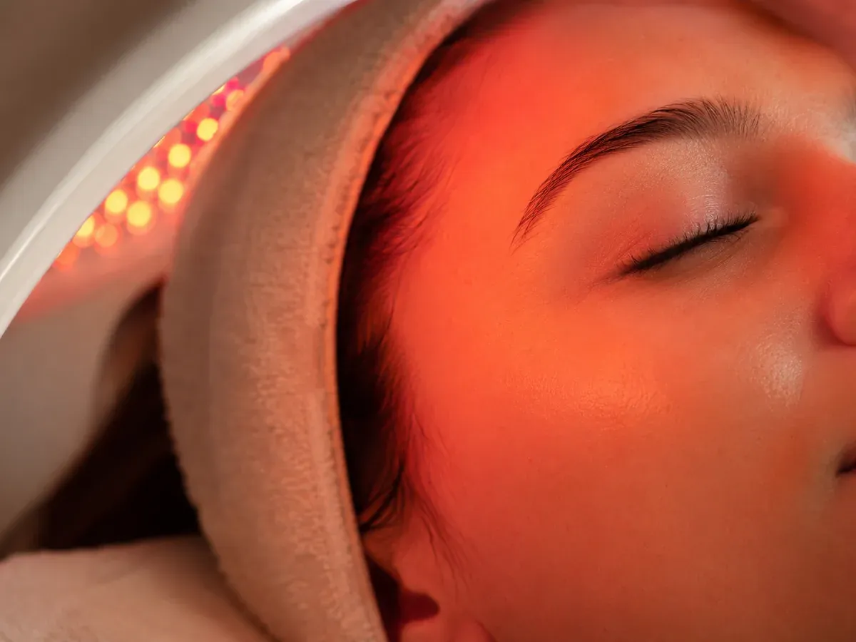 LED Healite light therapy treatment over the cheek and closed eye area
